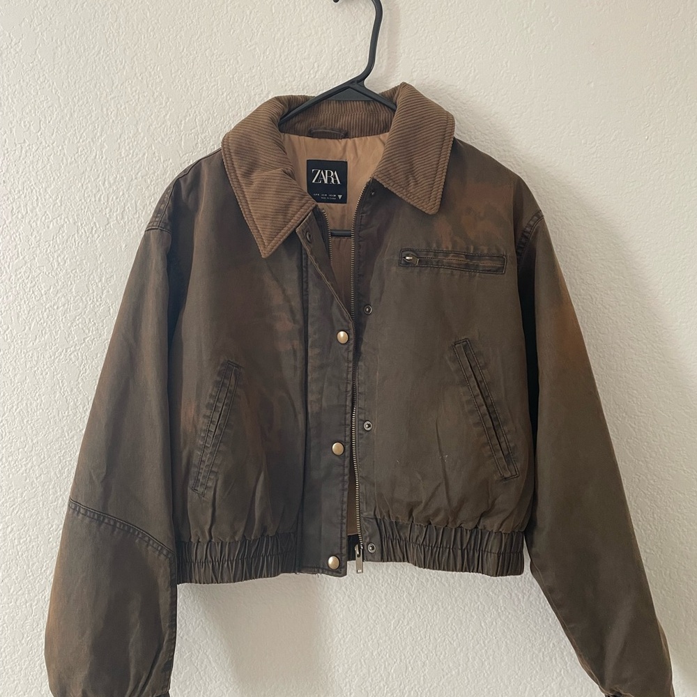 Zara Women's brown bomber jacket with corduroy collar/ Size S
